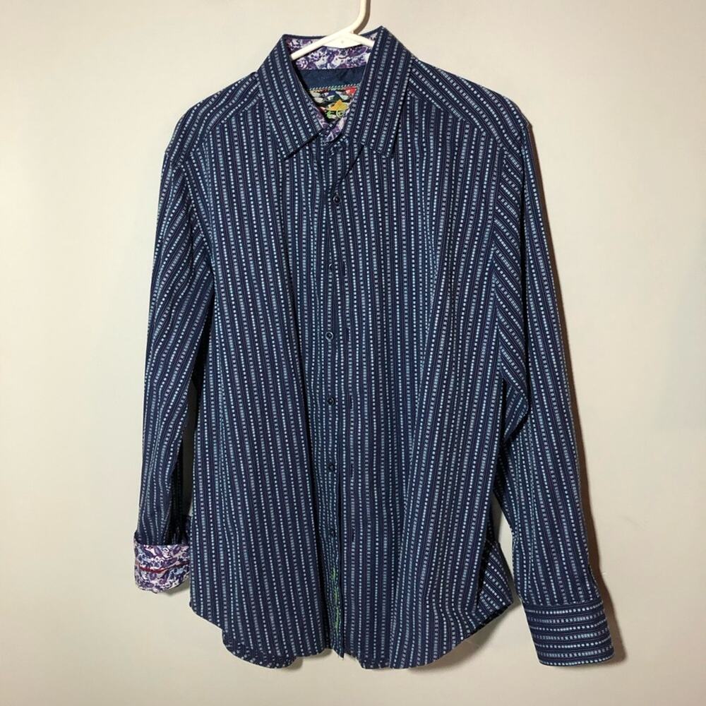Robert Graham blue striped sport shirt paisley flip cuffs long sleeve mens L